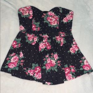 Floral Chambray Strapless Peplum Tube Top